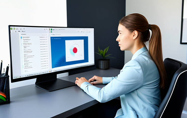 A focused professional individual, fully clothed in modest business attire, sitting at a clean, minimalist desk in a modern home office. On the large monitor screen, only a single, organized application window is visible, symbolizing digital decluttering and control over digital distractions. The desk is free of physical clutter, with neatly arranged essential items. The person has a calm, concentrated expression, showcasing a state of deep focus. The background is softly blurred, emphasizing the subject. safe for work, appropriate content, fully clothed, professional, perfect anatomy, correct proportions, natural pose, well-formed hands, proper finger count, natural body proportions, professional photography, high quality, vibrant colors.